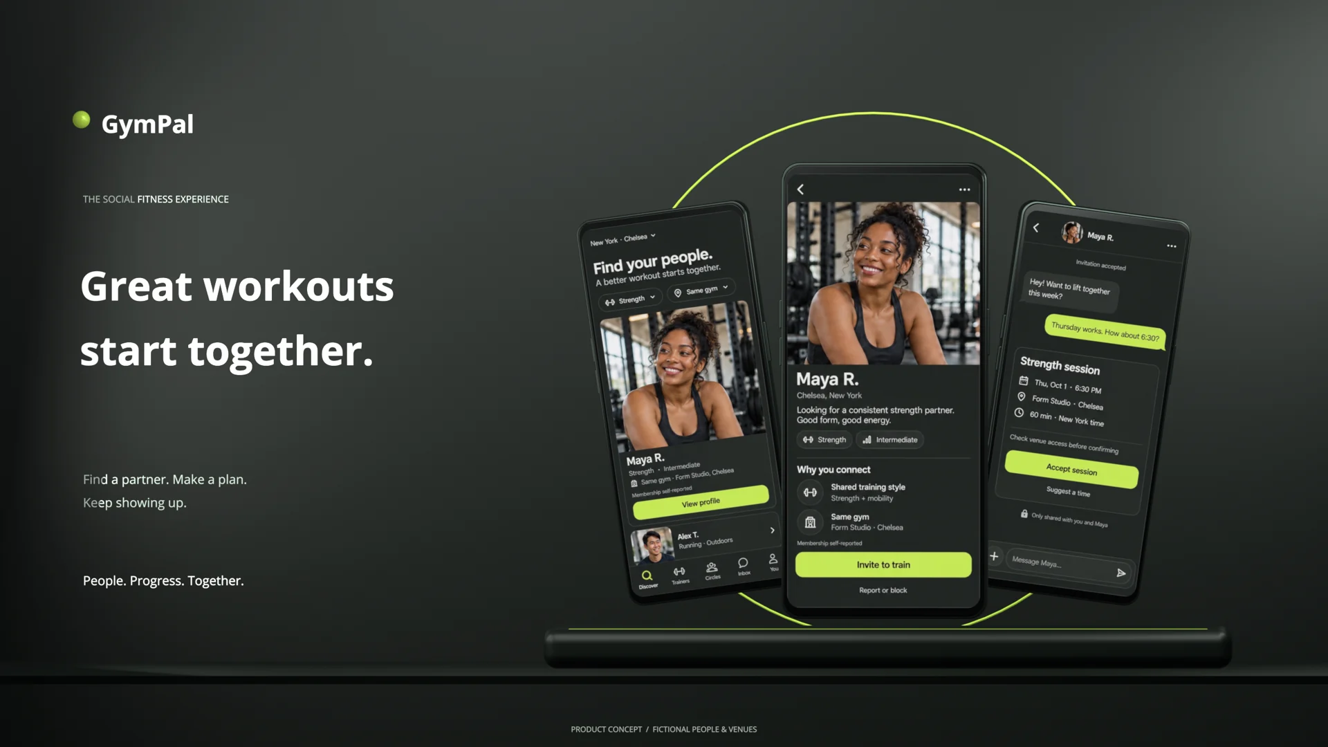 GymPal product concept showing partner discovery, a training profile, and planning a workout together